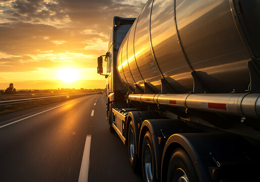 A fuel tanker truck races down a highway, bathed in the warm, golden light of a stunning sunset.