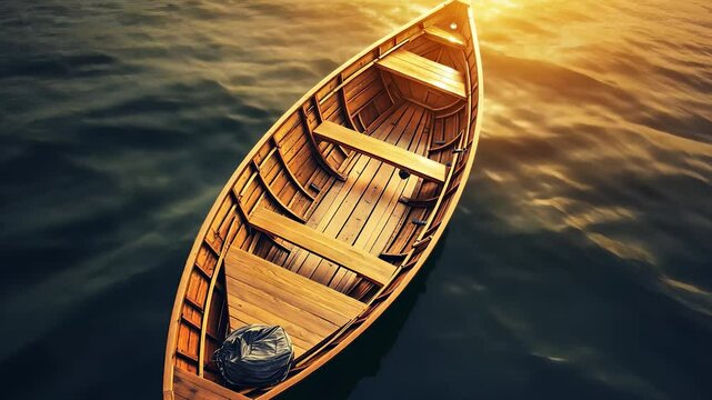 A wooden rowboat with a dark bag inside floats on calm water under warm sunlight. The reflective water surface surrounds the detailed and empty boat structure.
