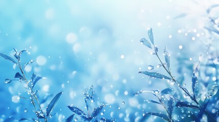 Refreshing close-up of dewy leaves against a soft blue background with sparkling droplets