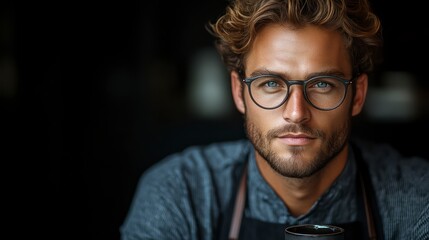 Fototapeta premium A man with glasses and a beard wearing an apron holding a coffee cup in a dimly lit setting