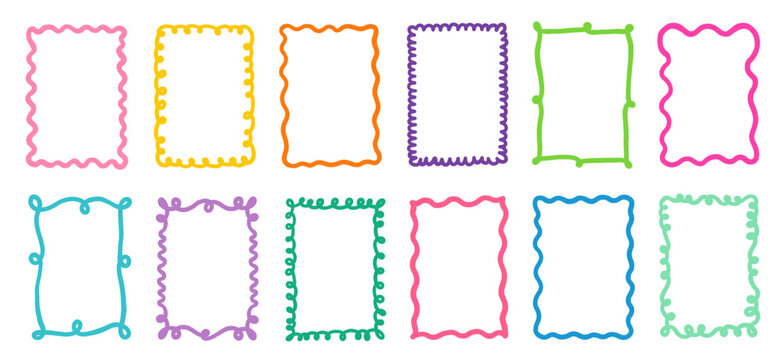Cute wavy, groovy, colorful vector frames and borders for kids, Rectangle shapes with curvy squiggly doodle lines, fun text boxes