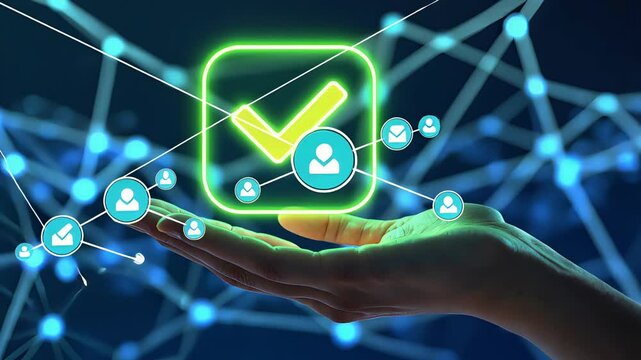 Digital hand holding glowing checkmark icon surrounded by network connections