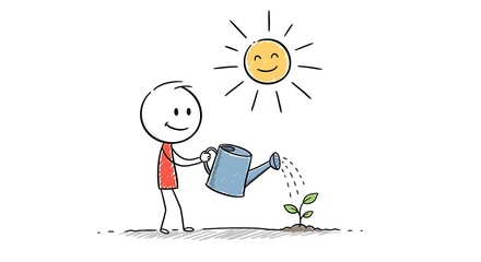 Stick figure nurturing new growth with watering can under a smiling sun
