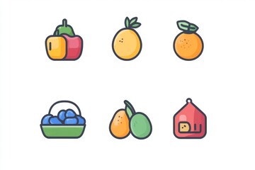 Set of colorful fruit icons including oranges and peaches