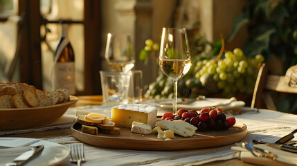 A table set with cheese bread wine and grapes ready for a delightful and relaxing afternoon meal