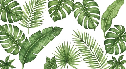 Tropical Leaves Watercolor Illustration Featuring Various Green Foliage