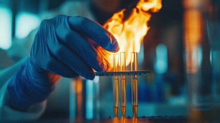 Lab assistant ignites test tubes with amber liquid