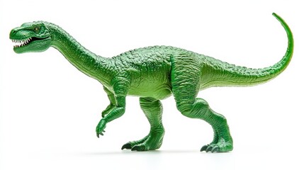 Obraz premium Green dinosaur toy figure in a dynamic pose, showcasing its features against a white background