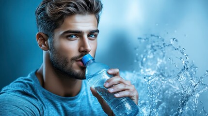 Fototapeta premium Refreshing Thirst with a Splash of Water Man Drinking from Bottle Against Blue Background