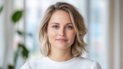 Fototapeta premium Smiling young blonde woman looking at the camera in a bright modern office environment.