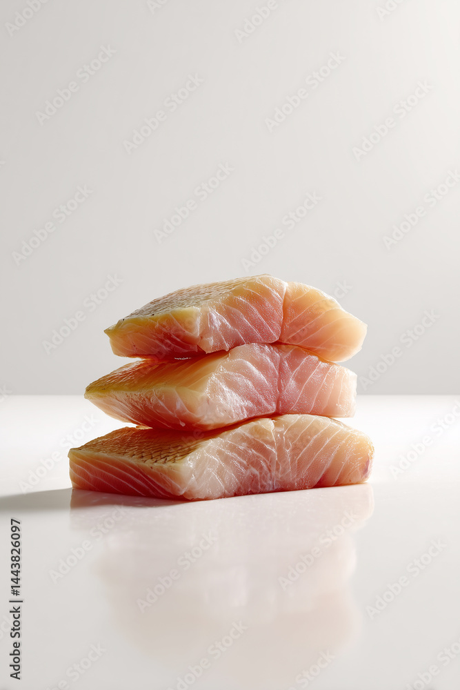 Poster fresh slices of fish are stacked neatly on a clean white surface. the minimalist setting highlights 