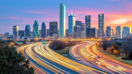 Fototapeta premium Dallas Skyline at Dusk: Stunning Cityscape and Highway Lights
