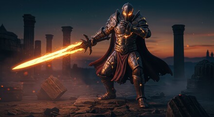Armored Warrior Holds Flaming Sword in Ruined Landscape