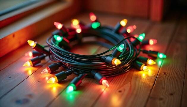 Coiled multicolored Christmas string lights close-up in red, green, yellow representing festive holiday illumination
