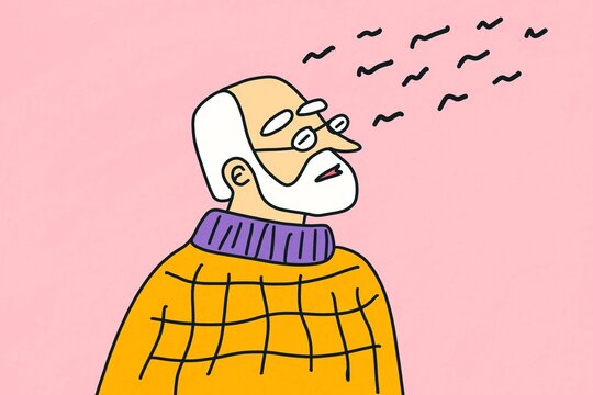 Minimalistic illustration of an elderly man on pink background