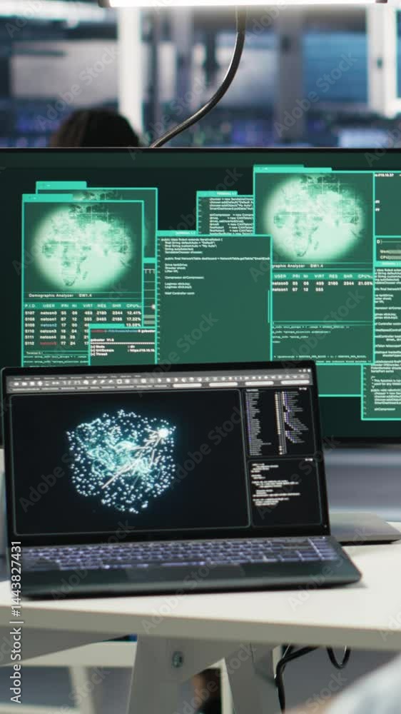 Poster vertical video man with paraplegia in server hub trying to protect hardware from hacker attack steal