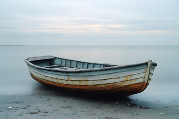 An old wooden boat stranded on the beach