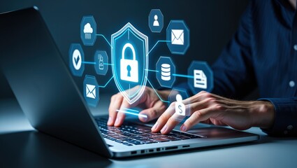 Secure data protection and network security systems. VPN connections and zero trust security. Man using laptop computer with an encrypted data security system.