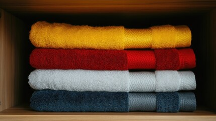 Towels stacked with clear pricing in linen closet