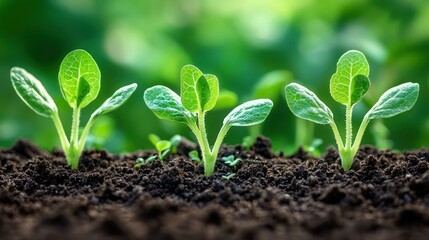 Sprout Young plants growing from soil against green background