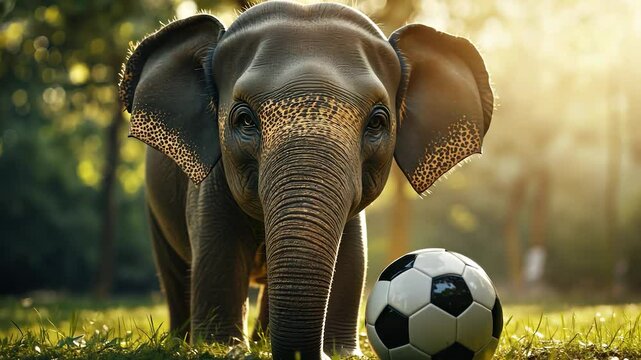 An elephant stands on grass, facing a soccer ball, under dappled sunlight in a forest setting. Its trunk is extended toward the ball, indicating interest or play.