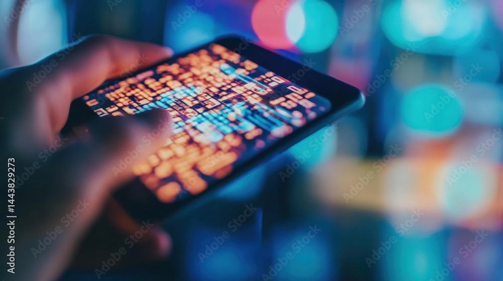Poster mobile device displaying code at night