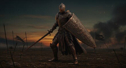 Obraz premium Knight with Sword and Shield on Battlefield
