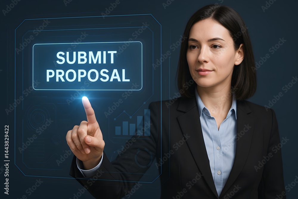 Poster a caucasian female professional taps a holographic “submit proposal” button above a translucent data