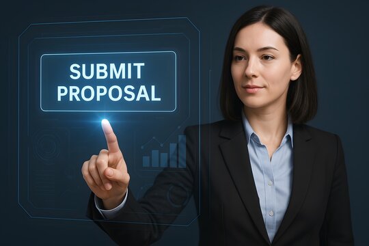 A caucasian female professional taps a holographic &ldquo;submit proposal&rdquo; button above a translucent data display. Concept of project initiation and formal proposal delivery.