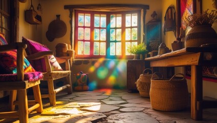 Habitación de estilo rústico con ventanas recibiendo los rayos del sol. 