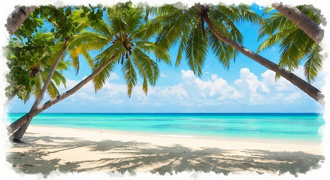 Tropical Beach with Palm Trees, White Sand and Turquoise Ocean Water