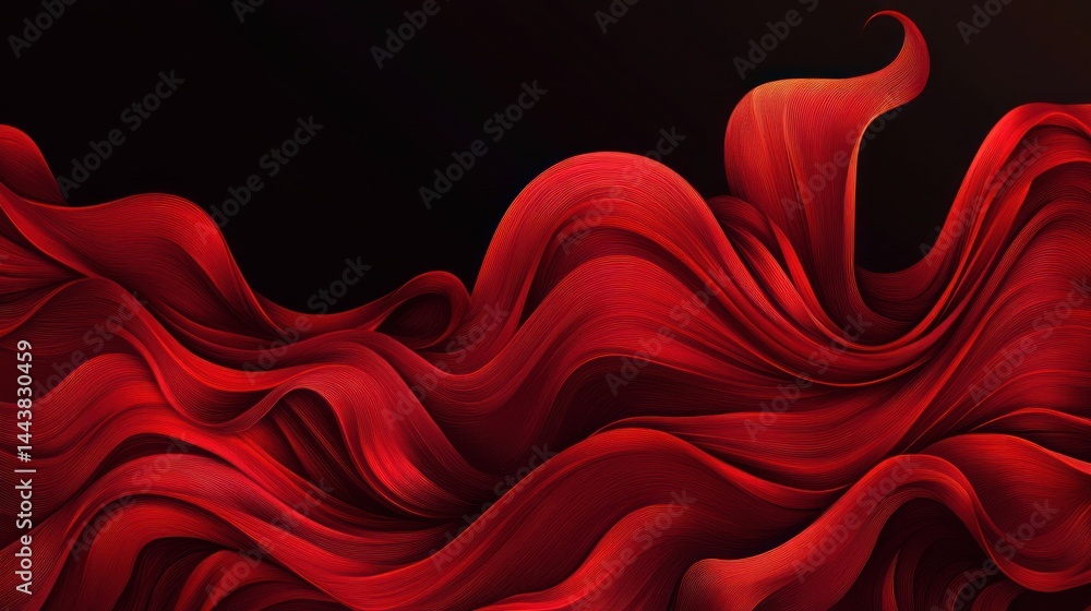 Poster flowing red fabric waves on black background, creating a dynamic abstract design for backgrounds or 