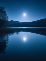 The silver white lake surface under the moonlight