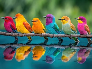 Colorful birds perched on a branch reflecting in the water, vibrant nature scene, potentially for wildlife photography
