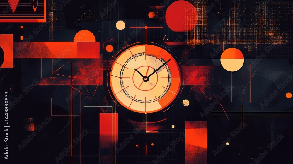 Poster modern digital clock with lines and dots in a black and orange abstract background, representing tim