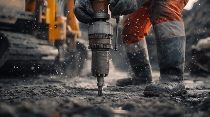 Construction Worker Using Pneumatic Drill on Rough Terrain