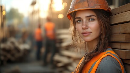 Construction Worker in Safety Gear at Sunset Female Builder Wearing Hard Hat and Reflective Ve