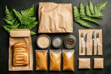 Assorted food packaging, including bakery items, containers, and utensils, arranged on a dark surface with greenery