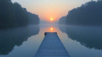 Naklejka premium Sunrise pier, misty lake, tranquil scene, calm water, peaceful morning