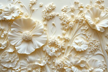 Ornate floral relief design in pale cream tones.