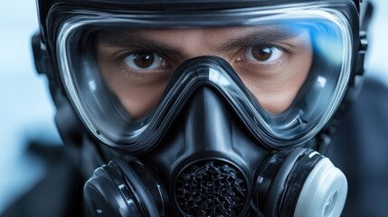 Close-up of a person wearing a gas mask.  Focused on intense eyes behind protective equipment