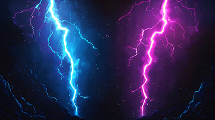 Night sky, dual lightning strikes, dark clouds, background for gaming