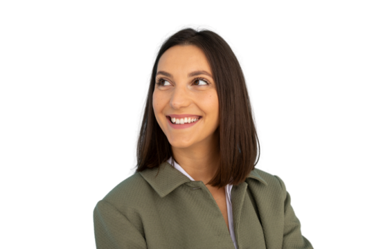 Studio shot of a businesswoman smiling and looking upwards, isolated on a transparent background