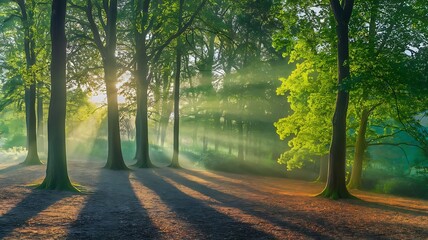 Fototapeta premium Sunrise in a Peaceful Forest with Golden Light Beaming Through Tall Trees and Leaf-Covered Ground