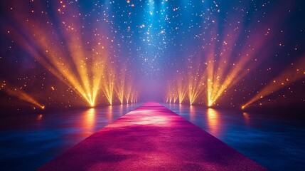 Vibrant, illuminated pathway under a starry, glowing sky.