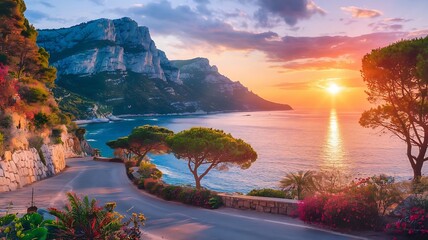 Vibrant Coastal Sunset with Winding Road, Lush Greenery, and Cliffs Reflecting in Azure Waters