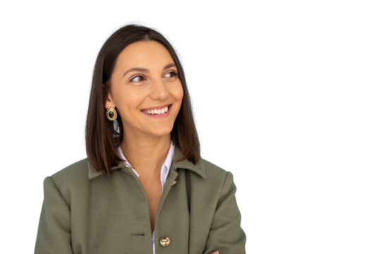 Studio portrait of a businesswoman smiling and looking upwards, isolated on a transparent background
