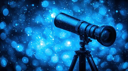 Telescope points towards a bokeh-lit starry background