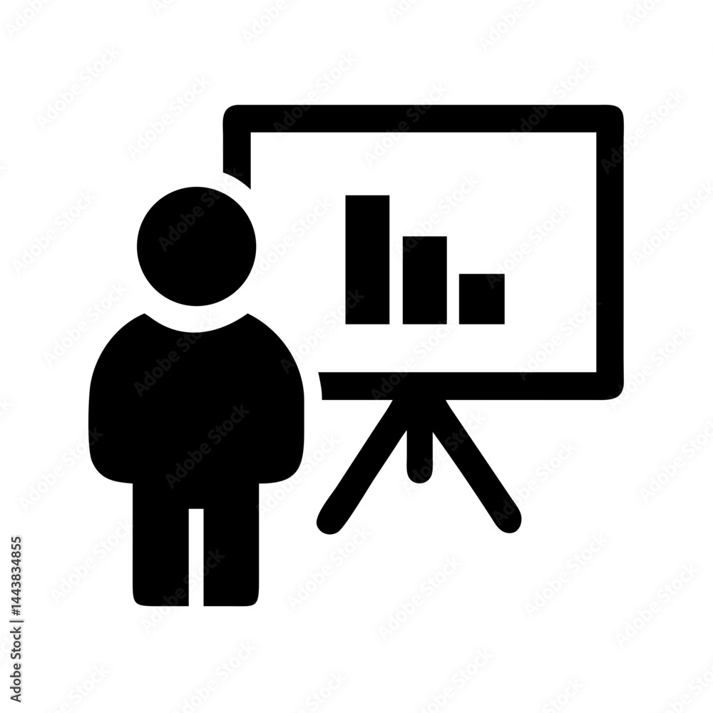 Poster presentation icon business meeting showing chart data analysis and report on whiteboard display