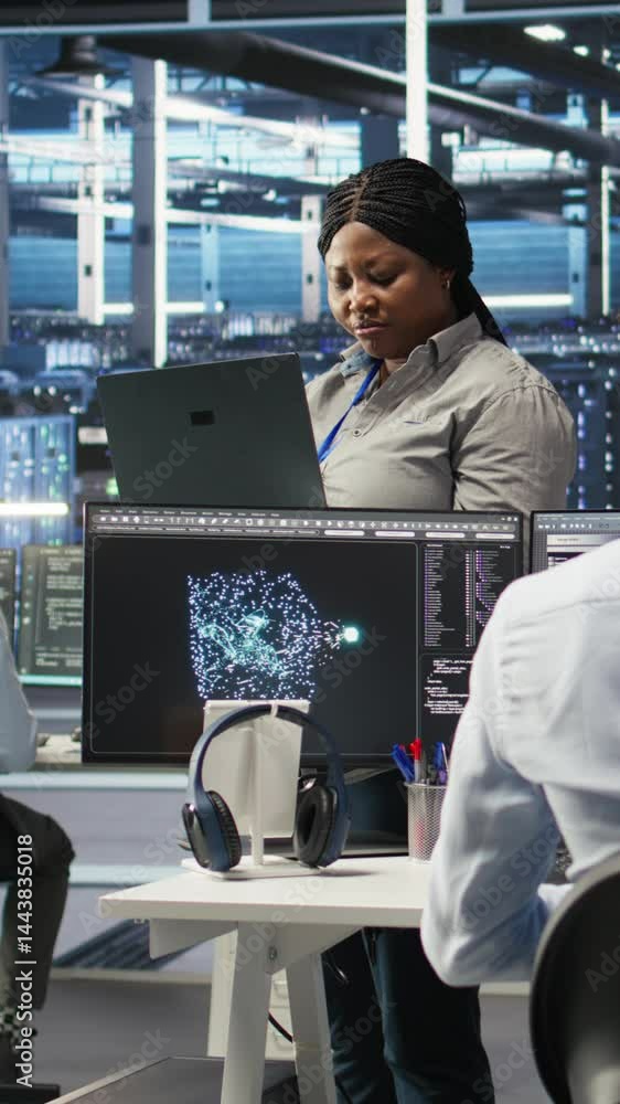 Poster vertical video data center computer scientists use node tree programming to identify equipment perfo